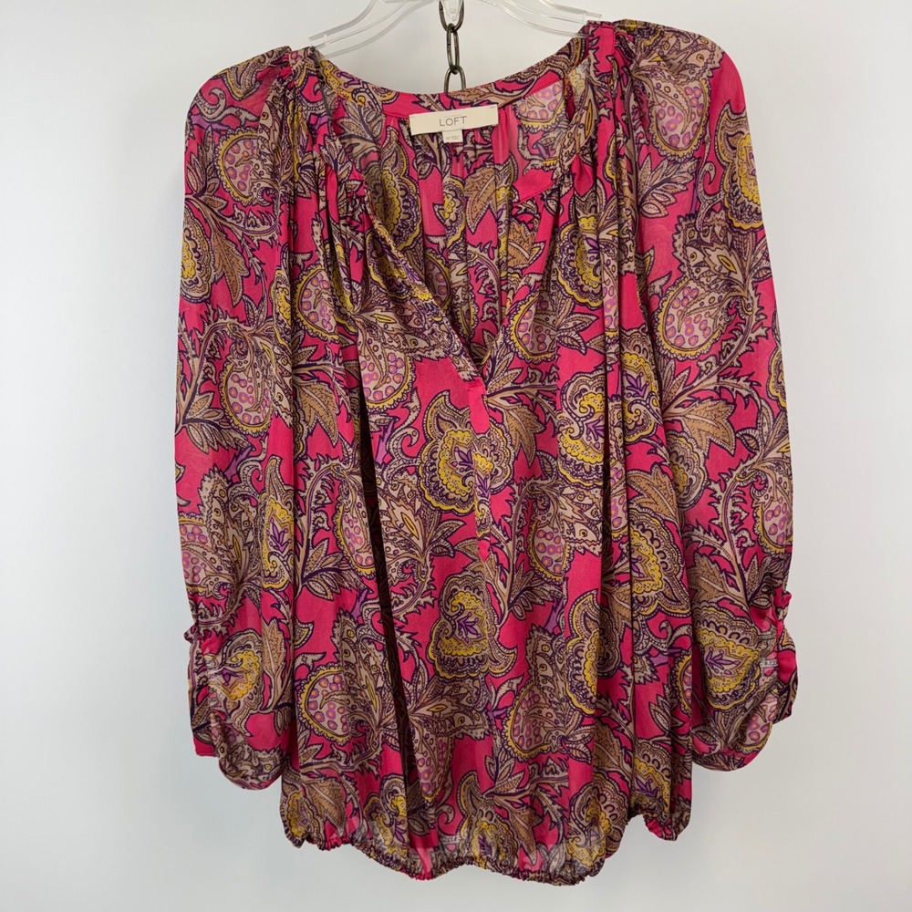 LOFT Blouse Women's XS Pink Paisley Peasant Boho Long Sleeve